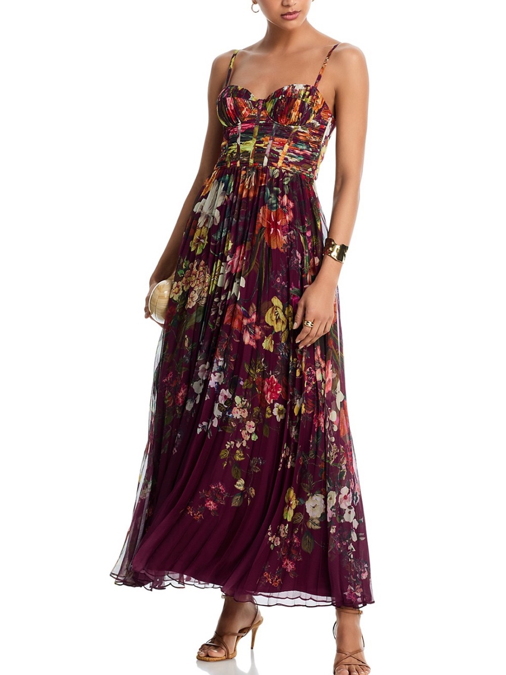 AQUA Pleated Floral Guest of Dress ~ Floral Bustier Maxi Dress in Deep Plum - Picture 2 of 13